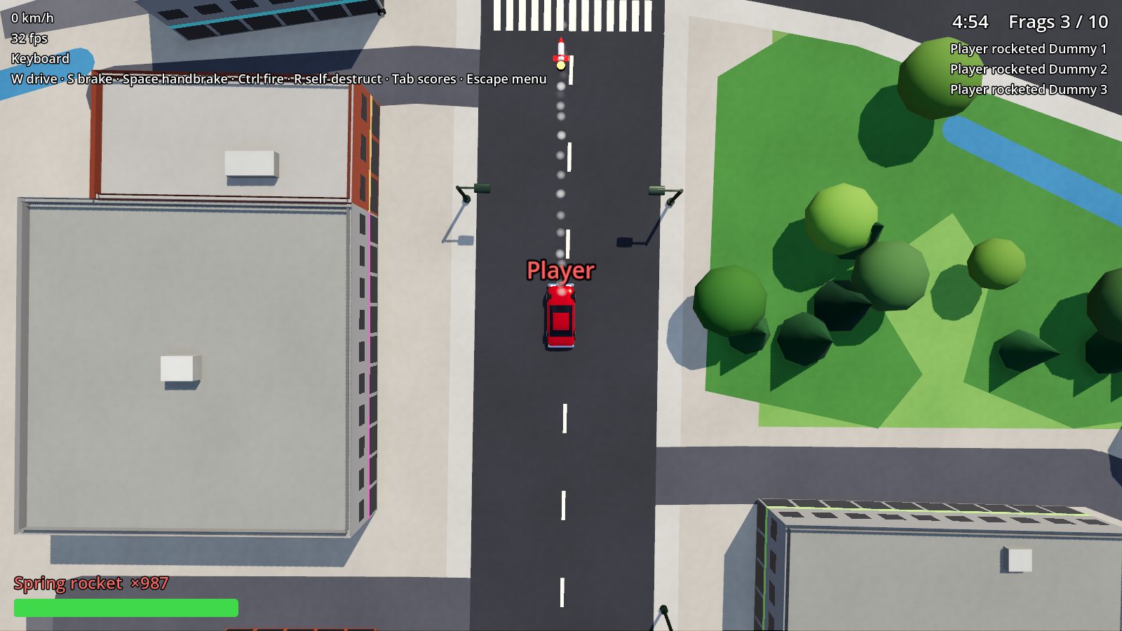 A red toy car firing a spring rocket down a city street, next to a park, with a kill feed in the corner